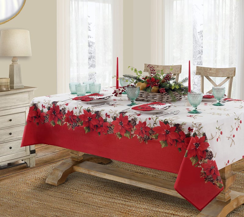 Newbridge Christmas Blooming Poinsettiaâ€™s Double Bordered 60 x 120 inch Rectangle Fabric Tablecloth, Holiday Red and White Poinsettia Dining Table Cover - Image 3
